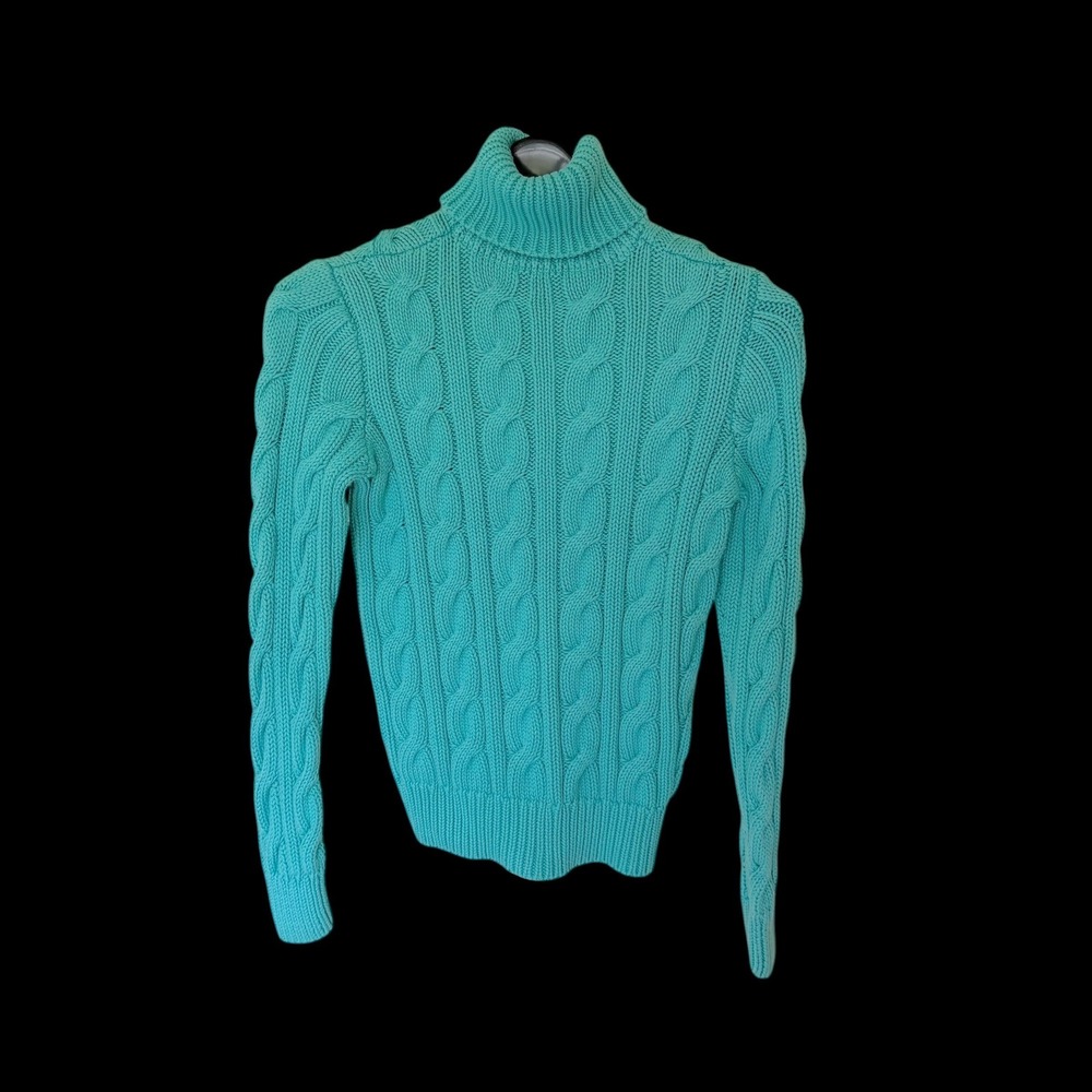 90's Lauren Ralph Lauren Turquoise Blue Cable Knit Turtleneck Cotton Sweater Med